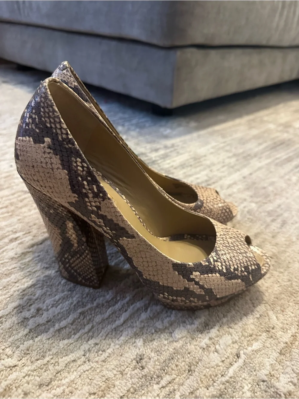 BCBGMaxAzria Taupe Snake-Print Peep-Toe Heels